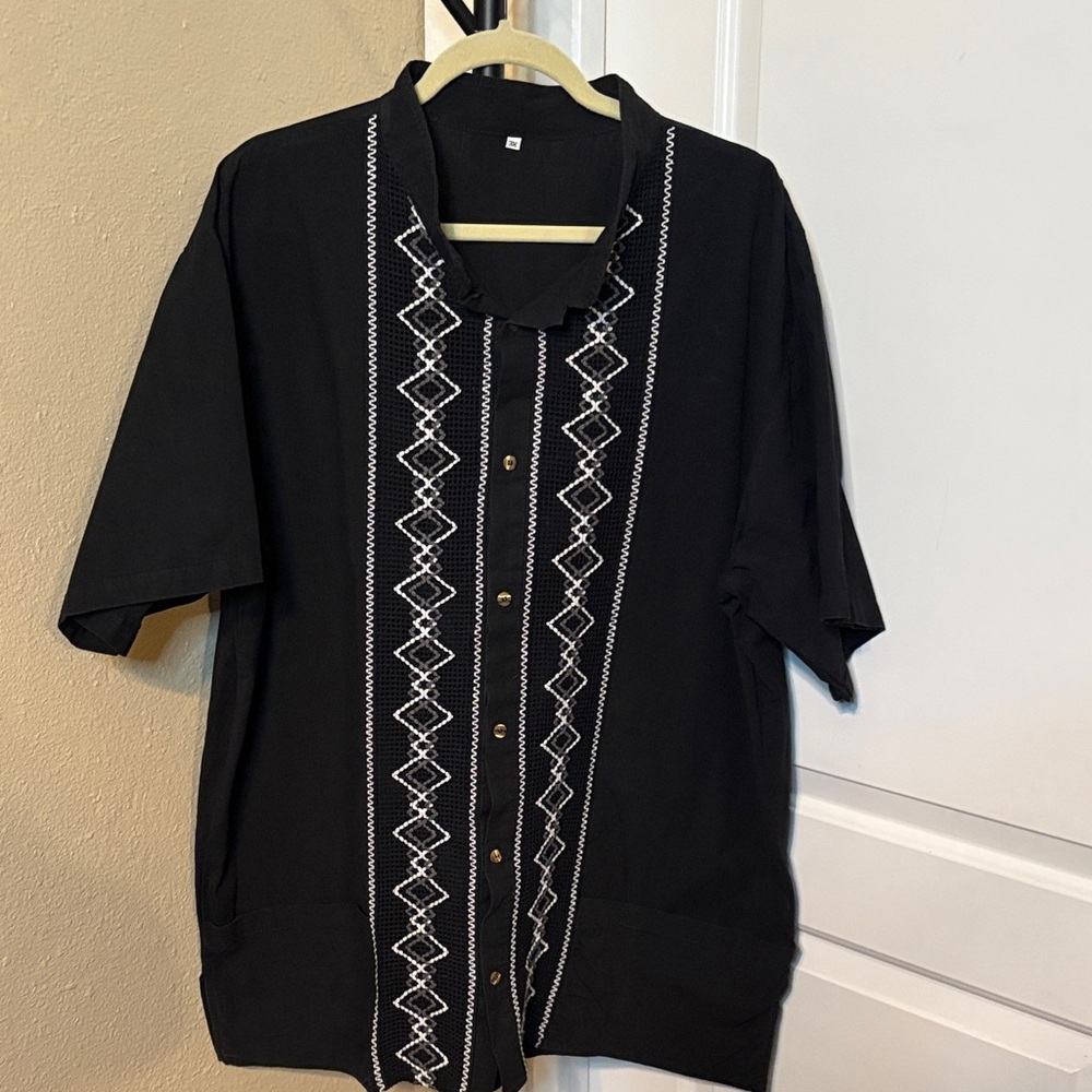 Black Short Sleeve Shirt with White Embroidery